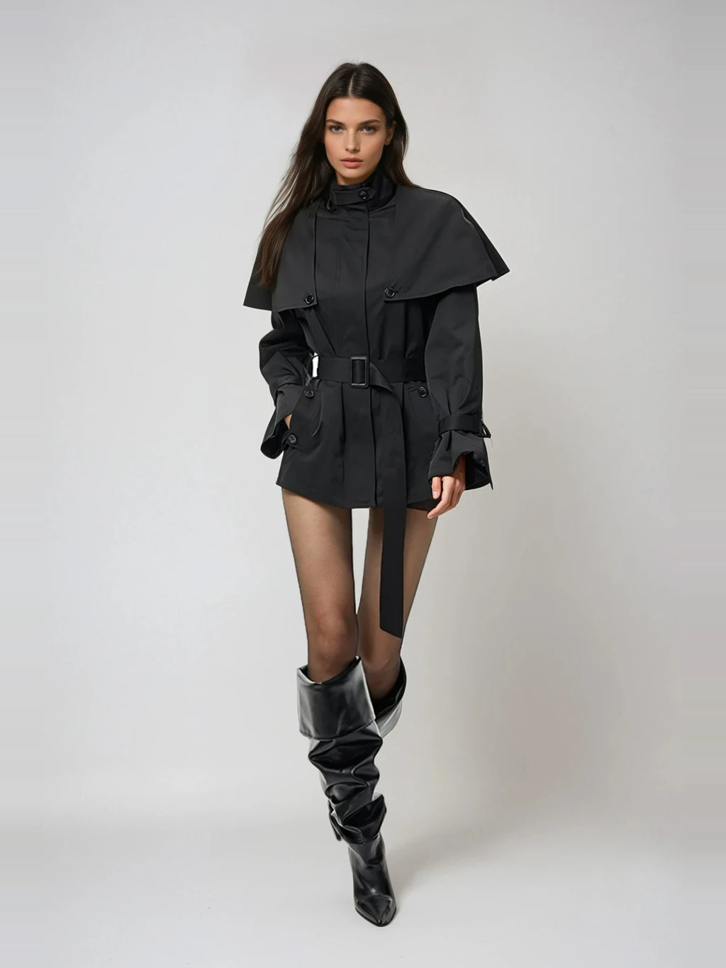 Davide Caped-Shoulder Belted Short Trench Coat - Black