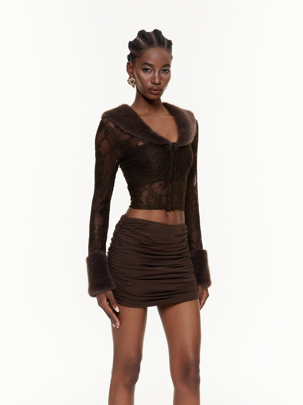 Fabiano Faux Fur Collar Lace Blouse and Mini Skirt Set - Chocolate — Svelte Chic