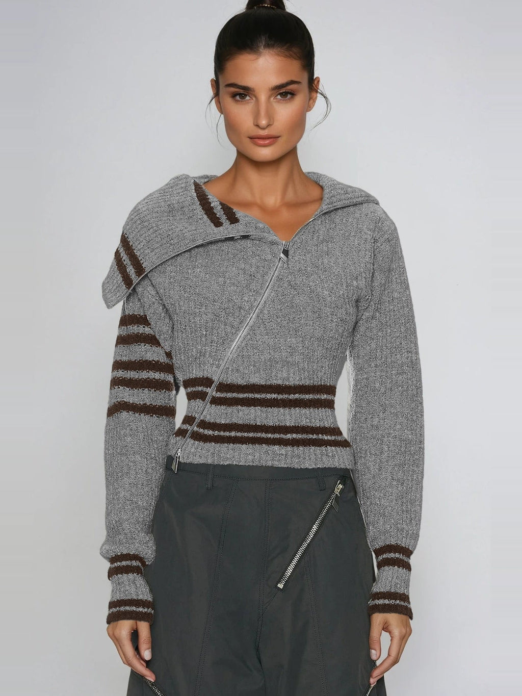 Deianira Asymmetric Zip Draped Collar Knit Top - Grey — Svelte Chic