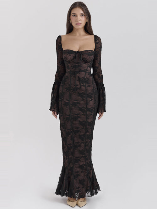 Delilah Long Sleeve Lace Sweetheart Maxi Dress — Svelte Chic