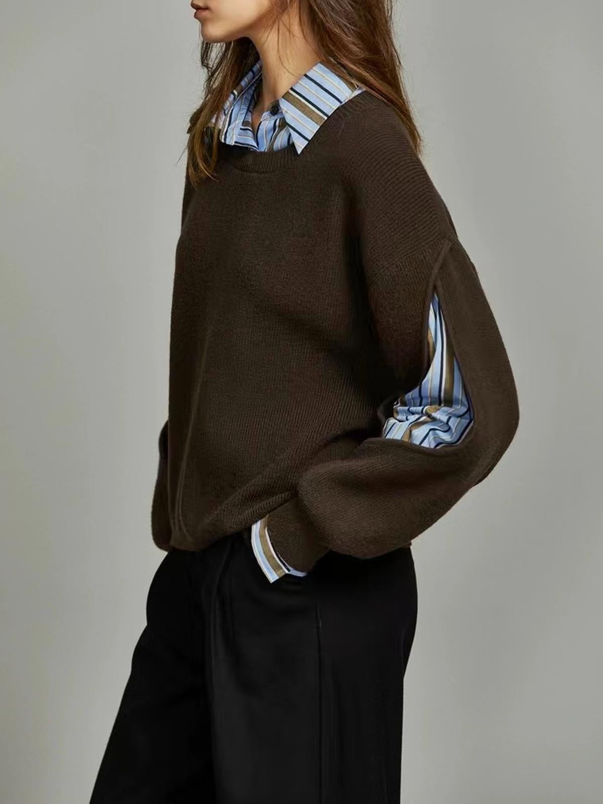Shirt Layered Cutout Sleeve Ribbed Sweater - Dark Brown — Svelte Chic