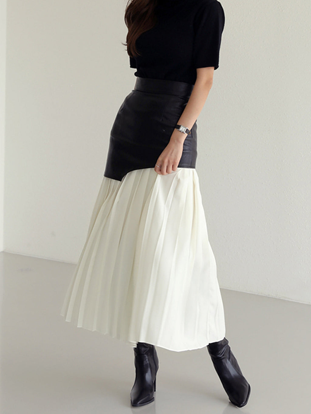 Asymmetric Faux Leather Pleated Midi Skirt — Svelte Chic