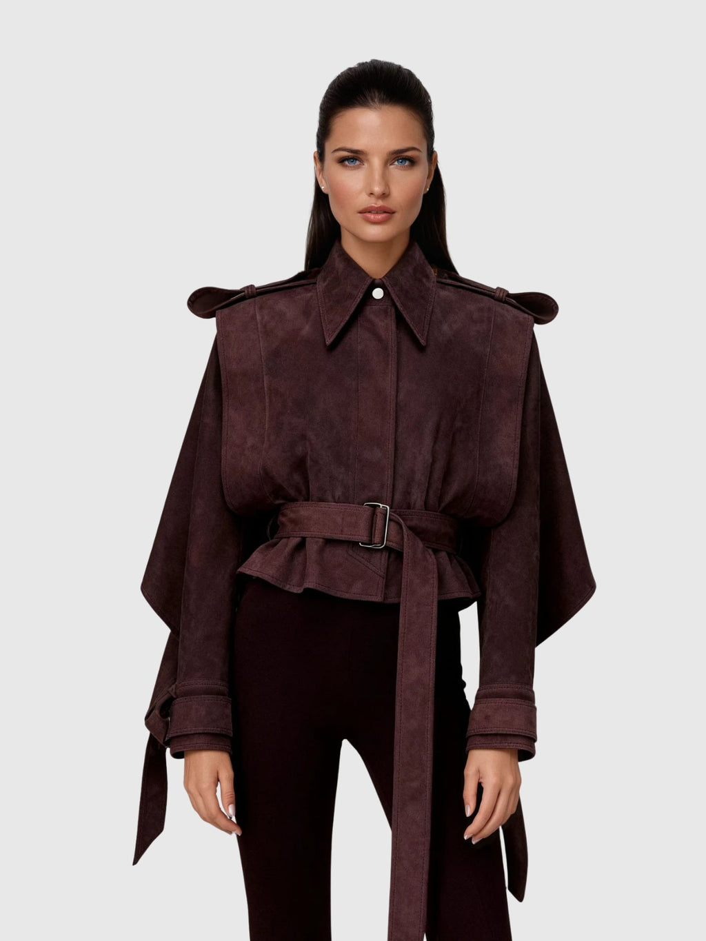 Dillon Cape Shoulder Belted Suede Jacket - Burgundy — Svelte Chic