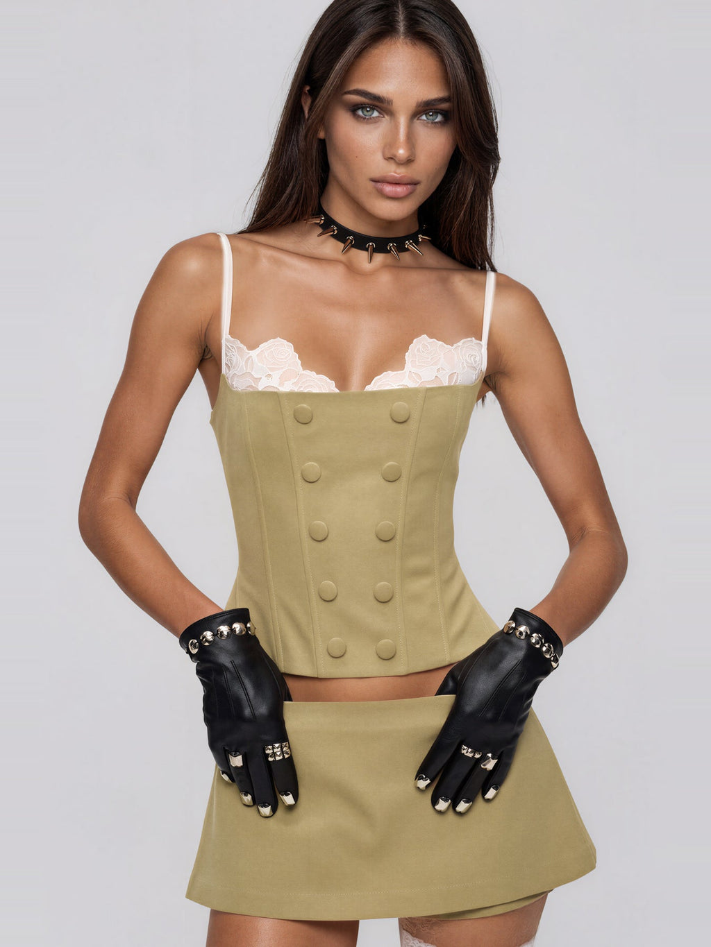 Dardana Lace-Detail Corset Top and Mini Skirt Set - Khaki — Svelte Chic