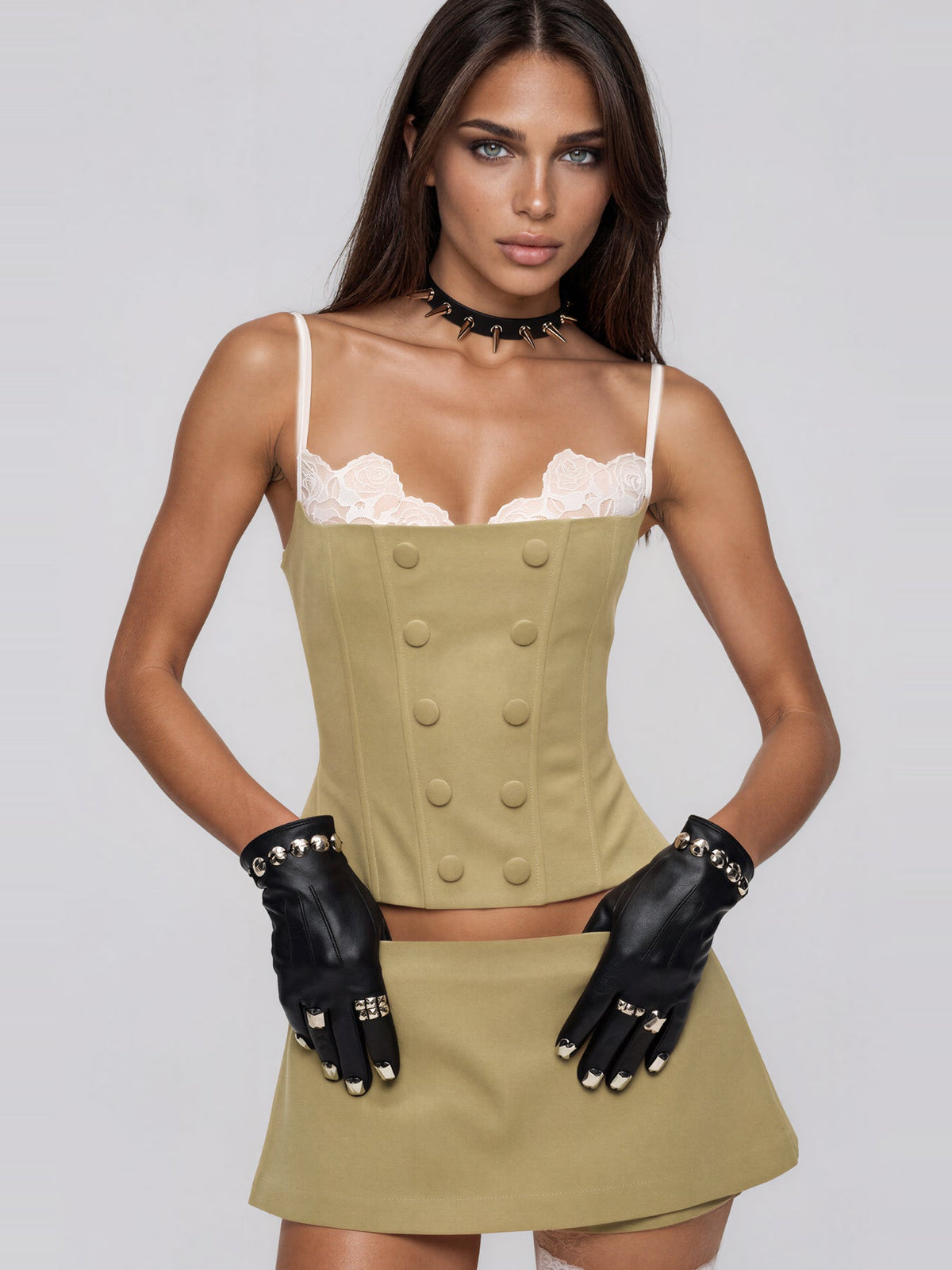 Dardana Lace-Detail Corset Top and Mini Skirt Set - Khaki — Svelte Chic