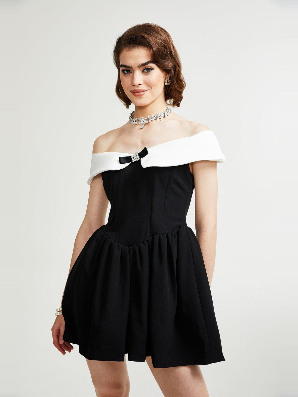 Deniece Off-Shoulder Bow-Detail Mini Dress - Black — Svelte Chic