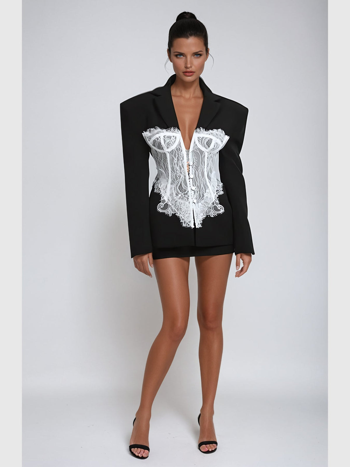 Adsila Lace Corset Detail Oversized Blazer - Black — Svelte Chic