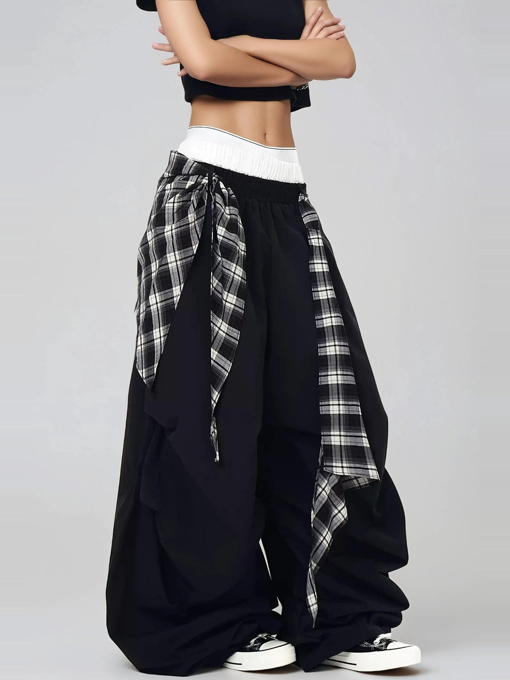 Hamish Plaid Detail Wide Leg Pants - Black — Svelte Chic