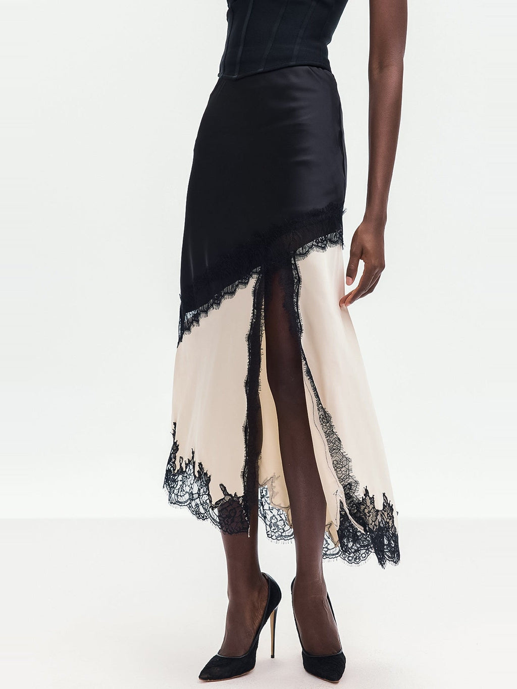 Bess Lace-Trimmed Asymmetric Satin Midi Skirt - Black and Cream — Svelte Chic