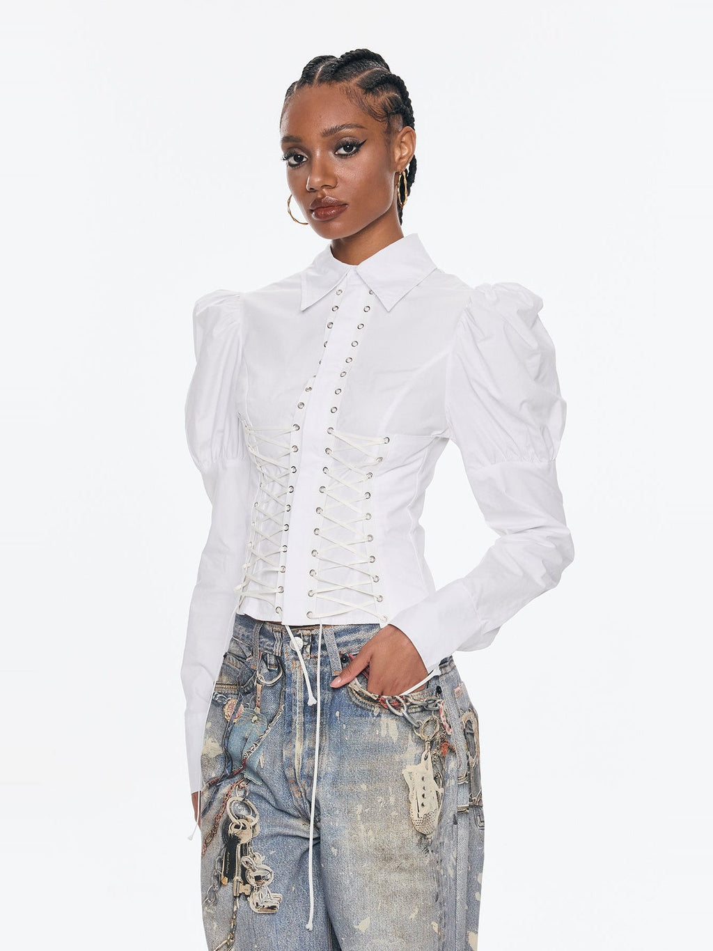 Belvedere Lace-Up Corset Puff Sleeve Shirt - White — Svelte Chic