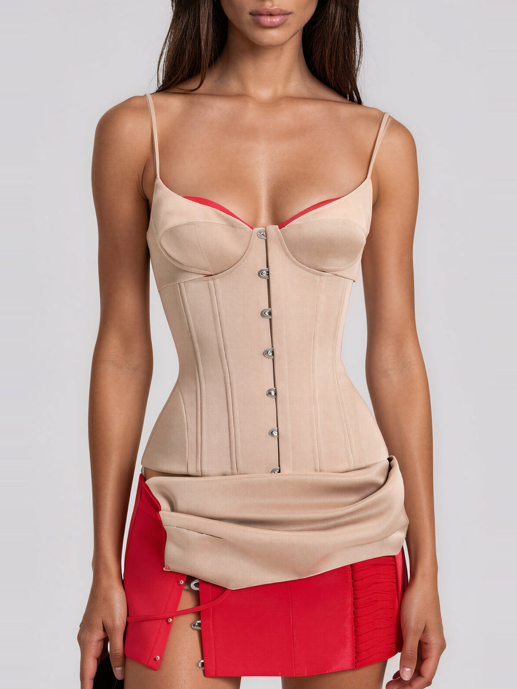 Kavi Strappy Corset and Split Mini Skirt Set - Beige and Red — Svelte Chic