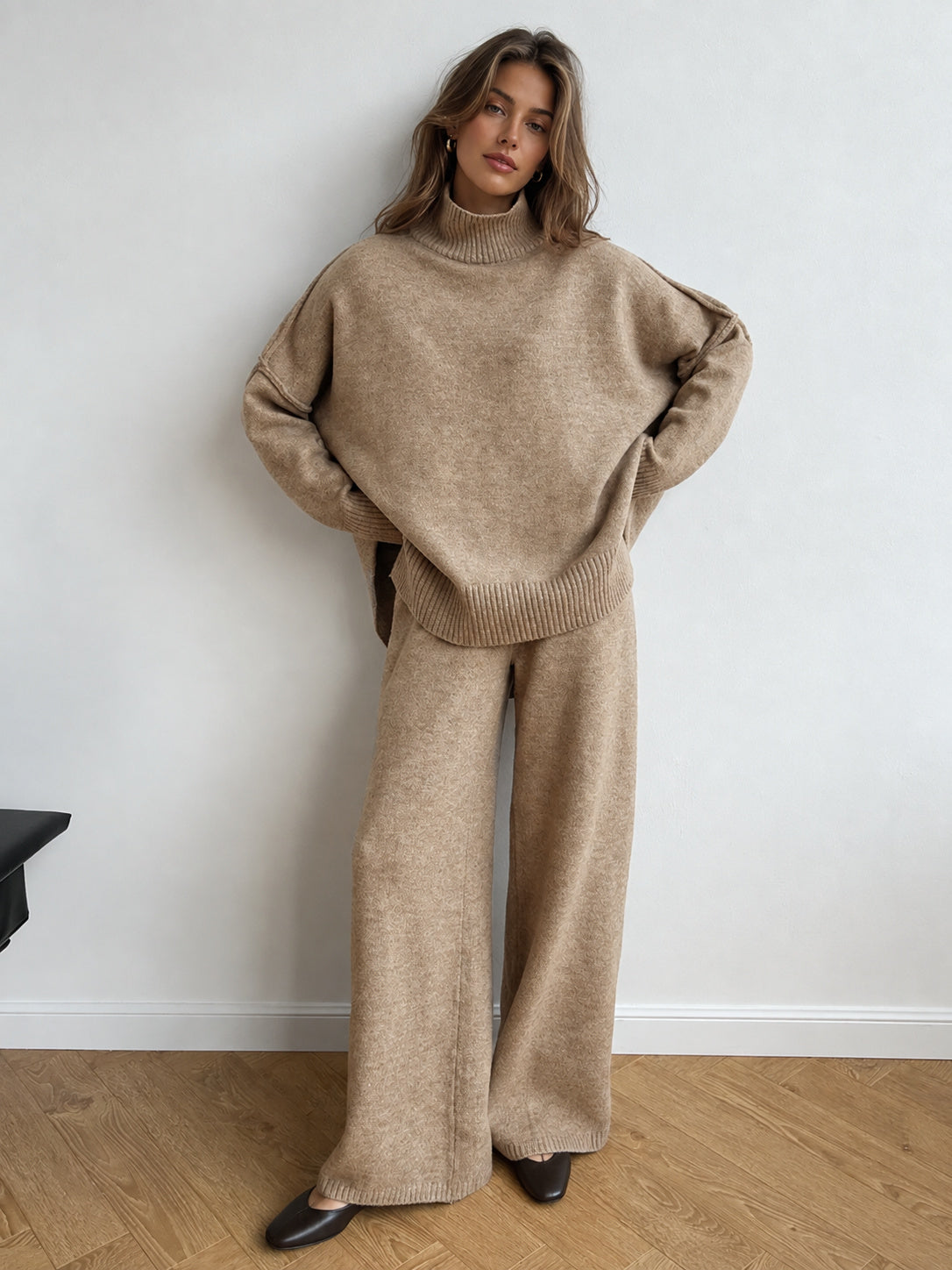 Turtleneck Oversized Knit Top and Pants Set — Svelte Chic