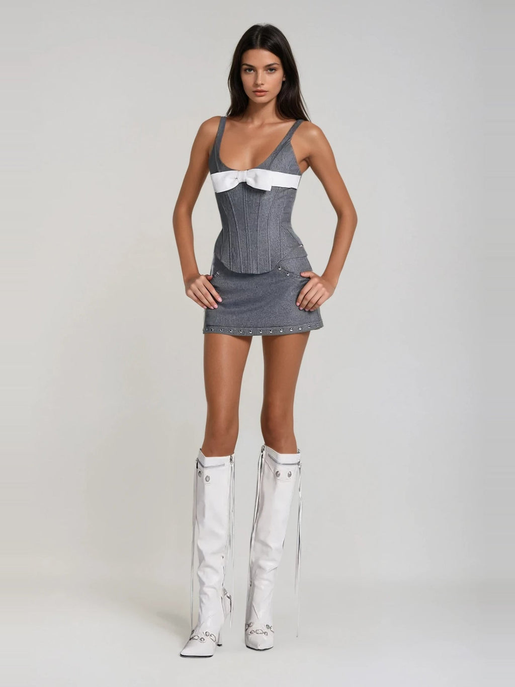 Besim Bow-Detail Corset Mini Skirt Set - Grey — Svelte Chic