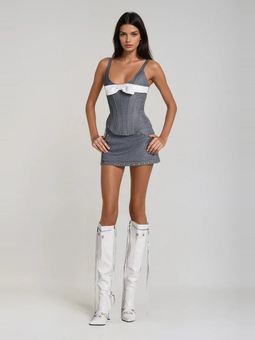 Besim Bow-Detail Corset Mini Skirt Set - Grey — Svelte Chic