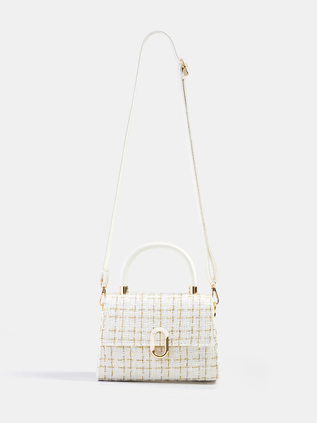 Tweed Check Top Handle Handbag - Beige — Svelte Chic