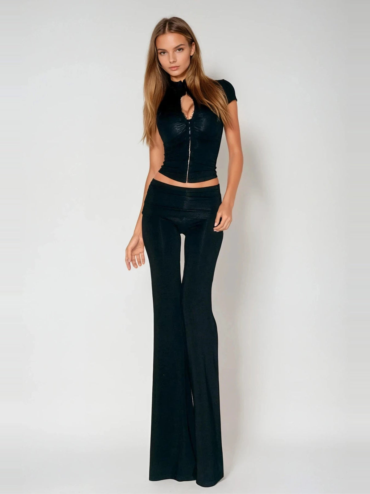 Dobromila Zip Front Ruched Flared Leg Pants Set - Black — Svelte Chic