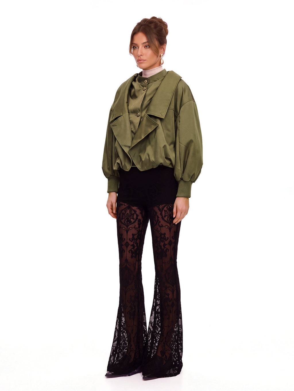 Kiora Balloon Sleeve Satin Bomber Jacket - Khaki — Svelte Chic