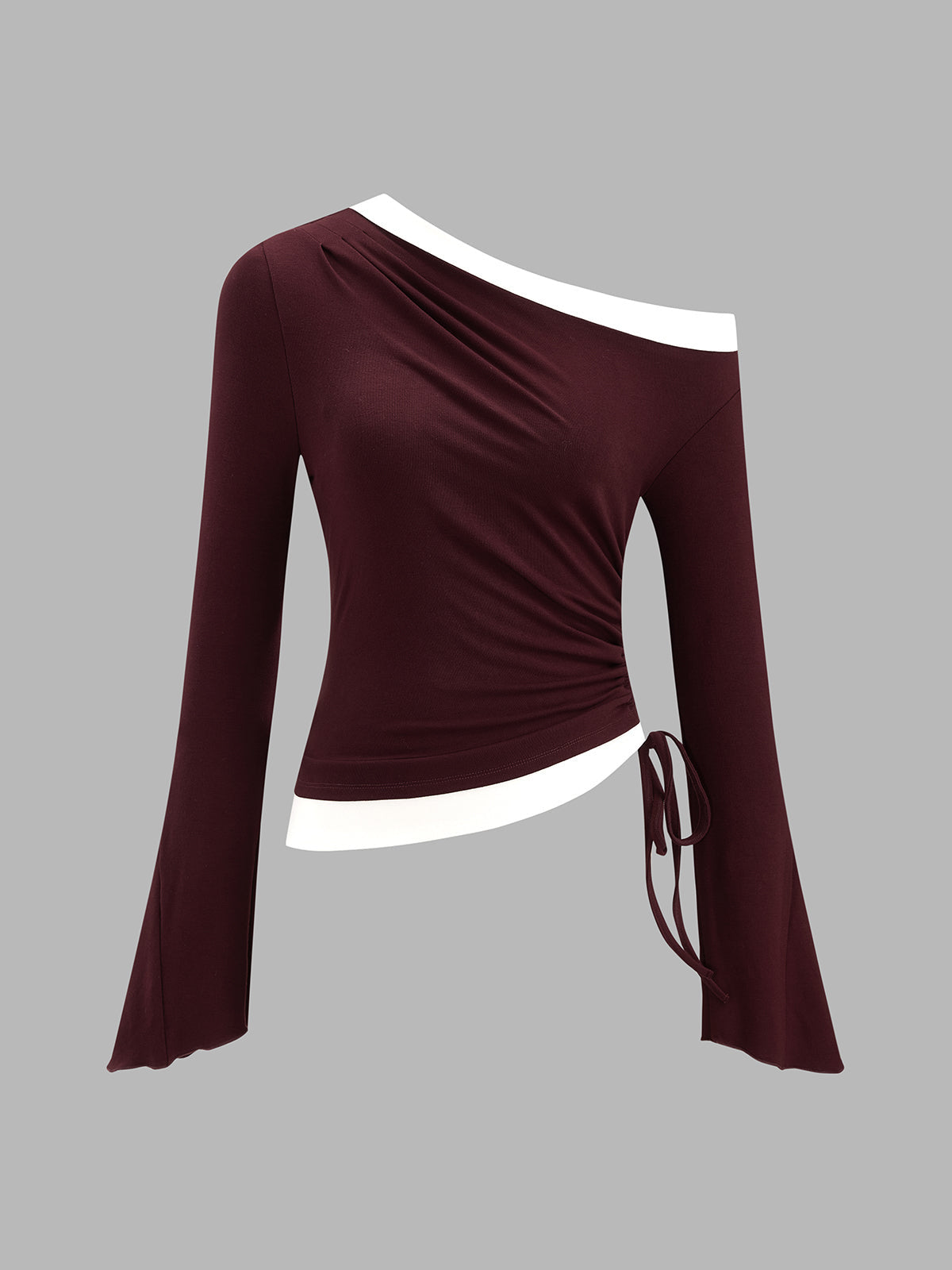 Contrast Piping One-Shoulder Ruched Top - Chocolate — Svelte Chic