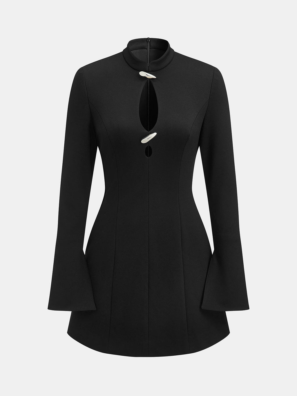Keyhole Mandarin Collar Flare Sleeve Mini Dress - Black — Svelte Chic