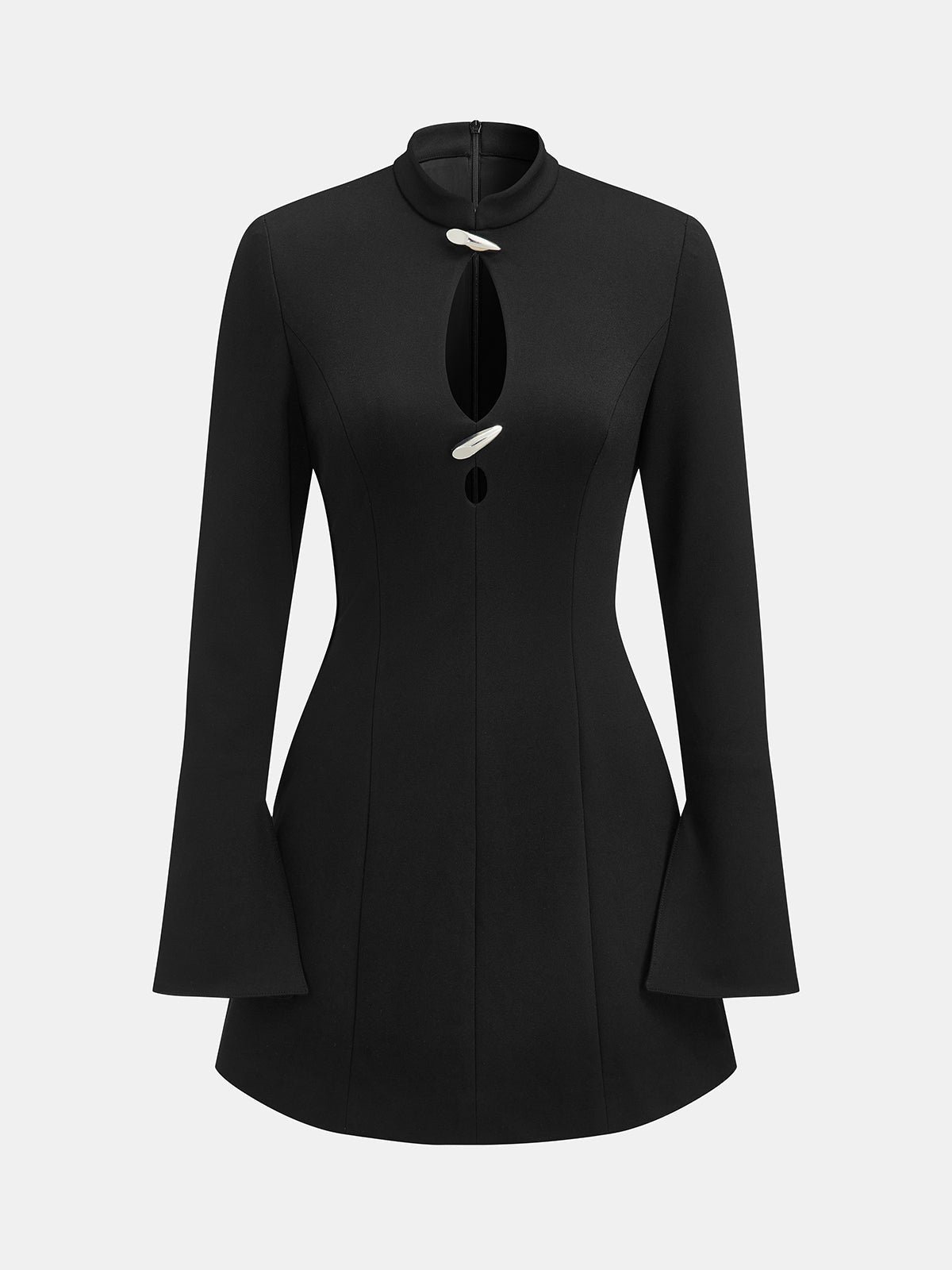 Keyhole Mandarin Collar Flare Sleeve Mini Dress - Black — Svelte Chic