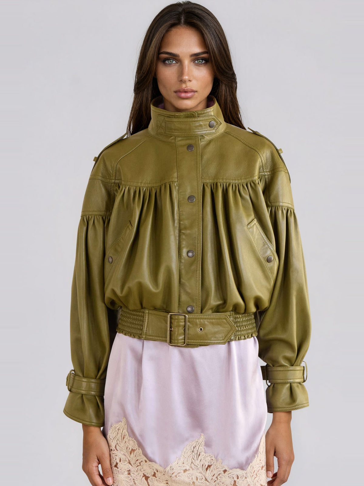 Kineks Belted Ruched Faux Leather Jacket - Olive Green — Svelte Chic
