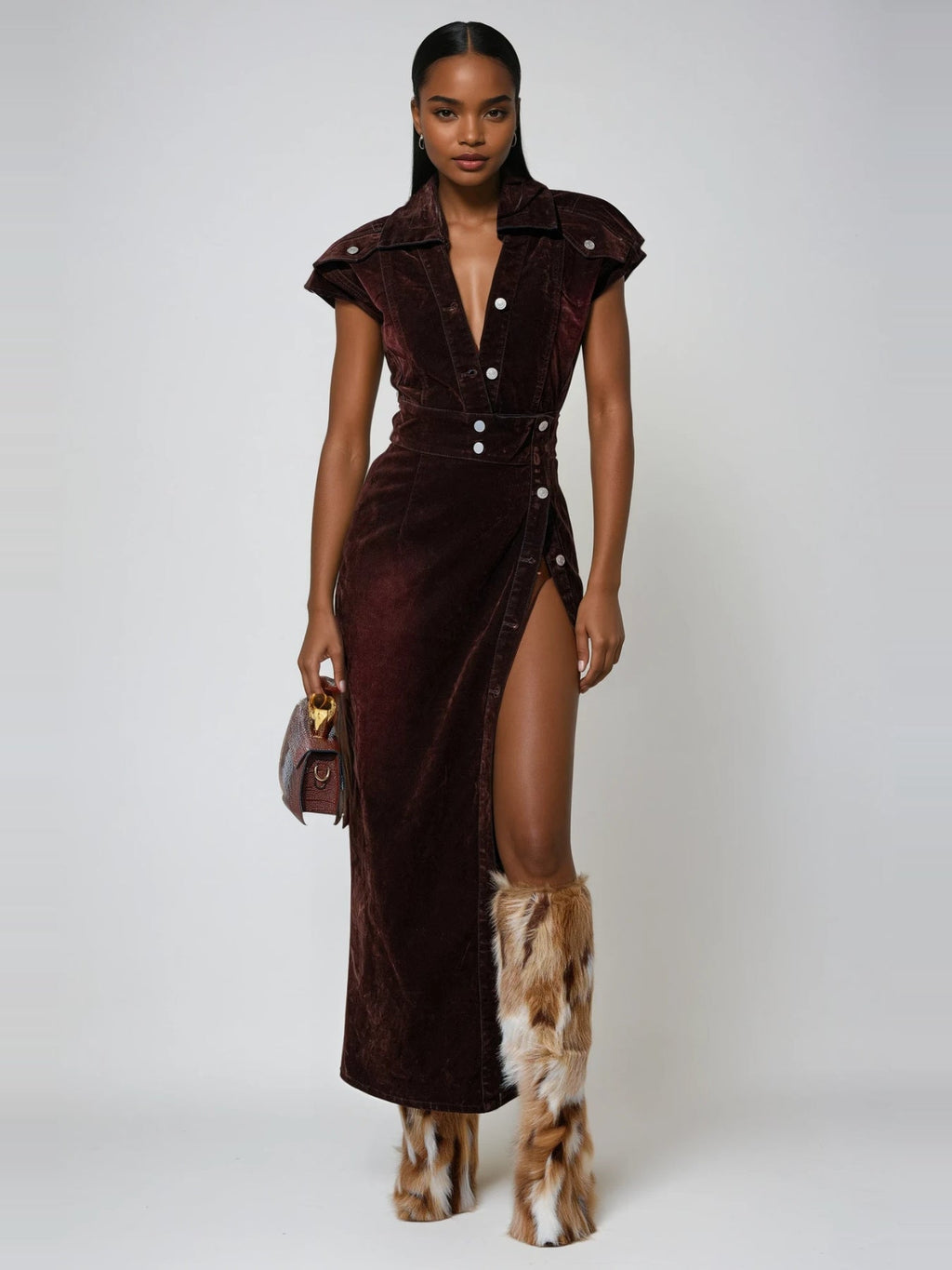 Dorte Shirt Collar Plunge High Split Maxi Dress - Burgundy — Svelte Chic
