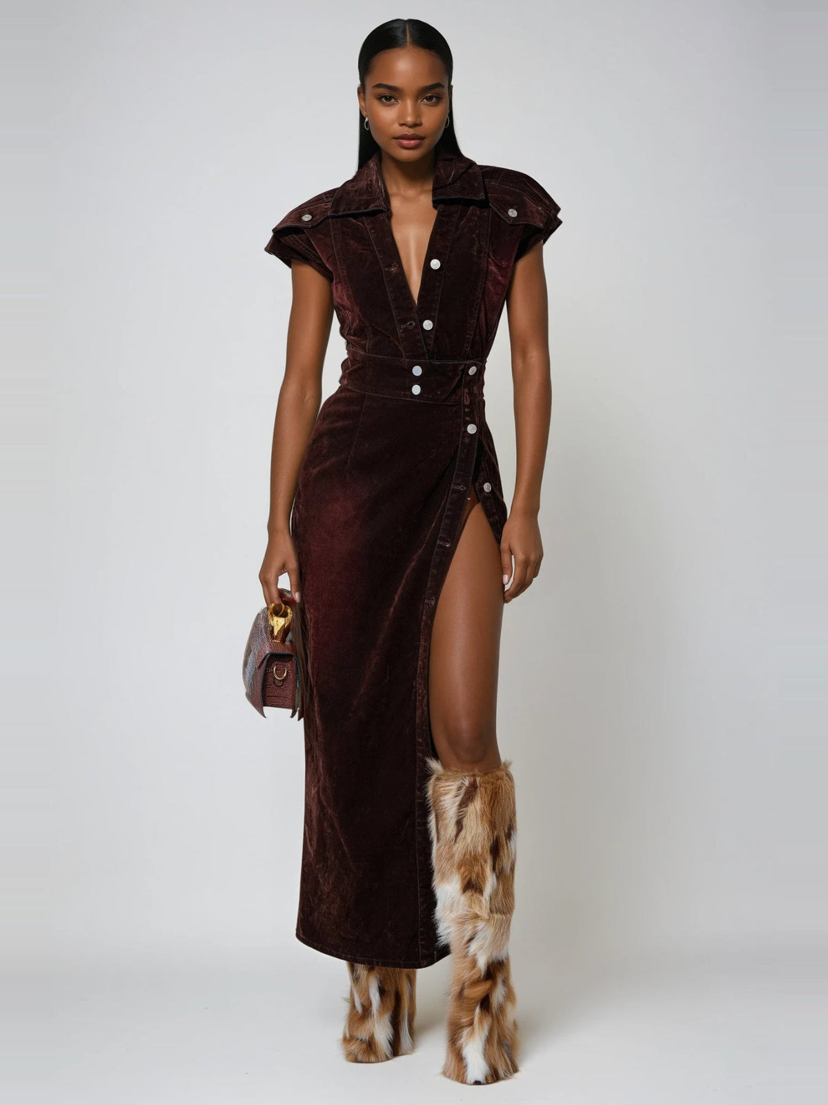 Dorte Shirt Collar Plunge High Split Maxi Dress - Burgundy — Svelte Chic