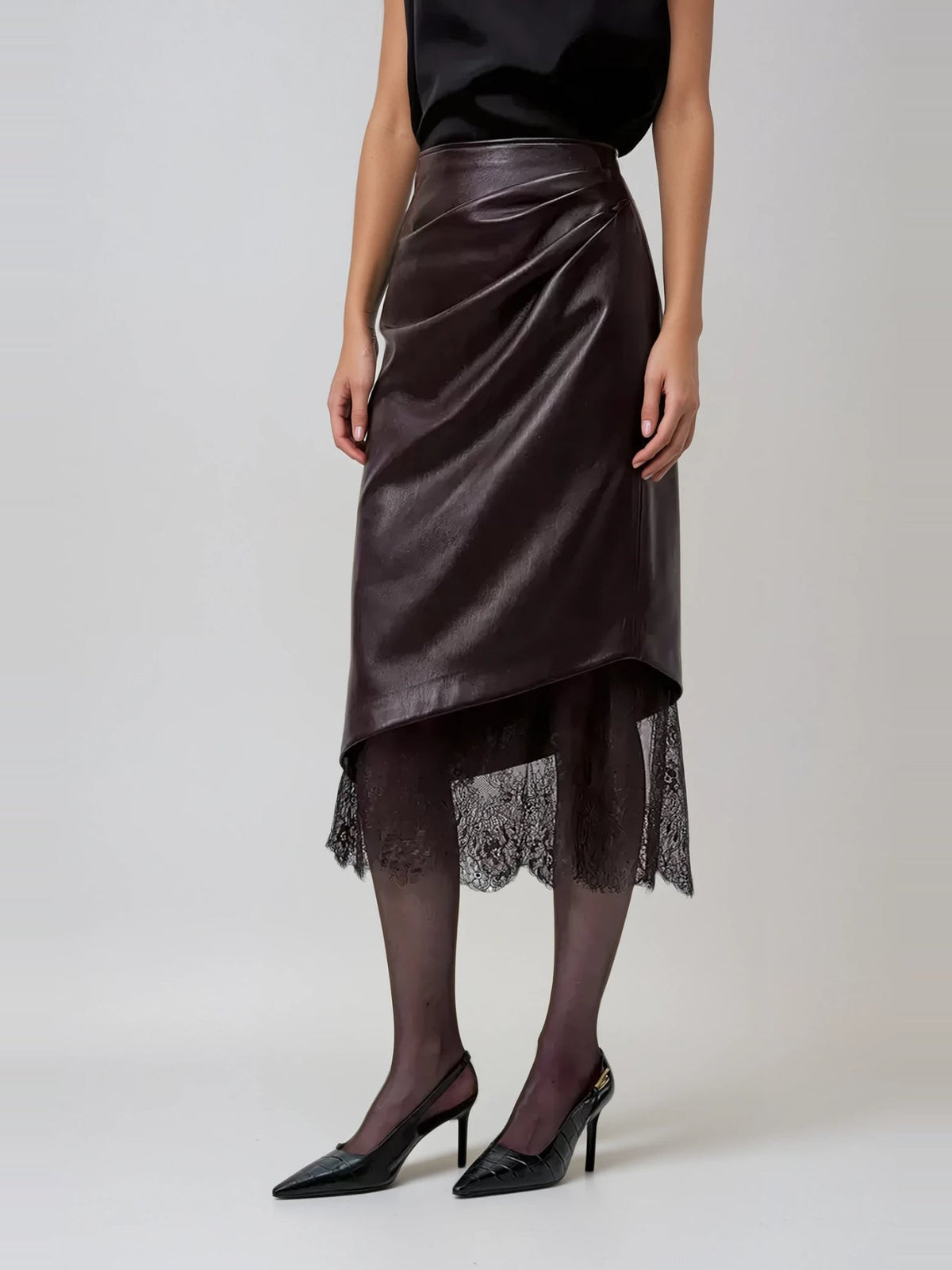 Diot Lace Detail Asymmetric Faux Leather Midi Skirt - Dark Brown — Svelte Chic