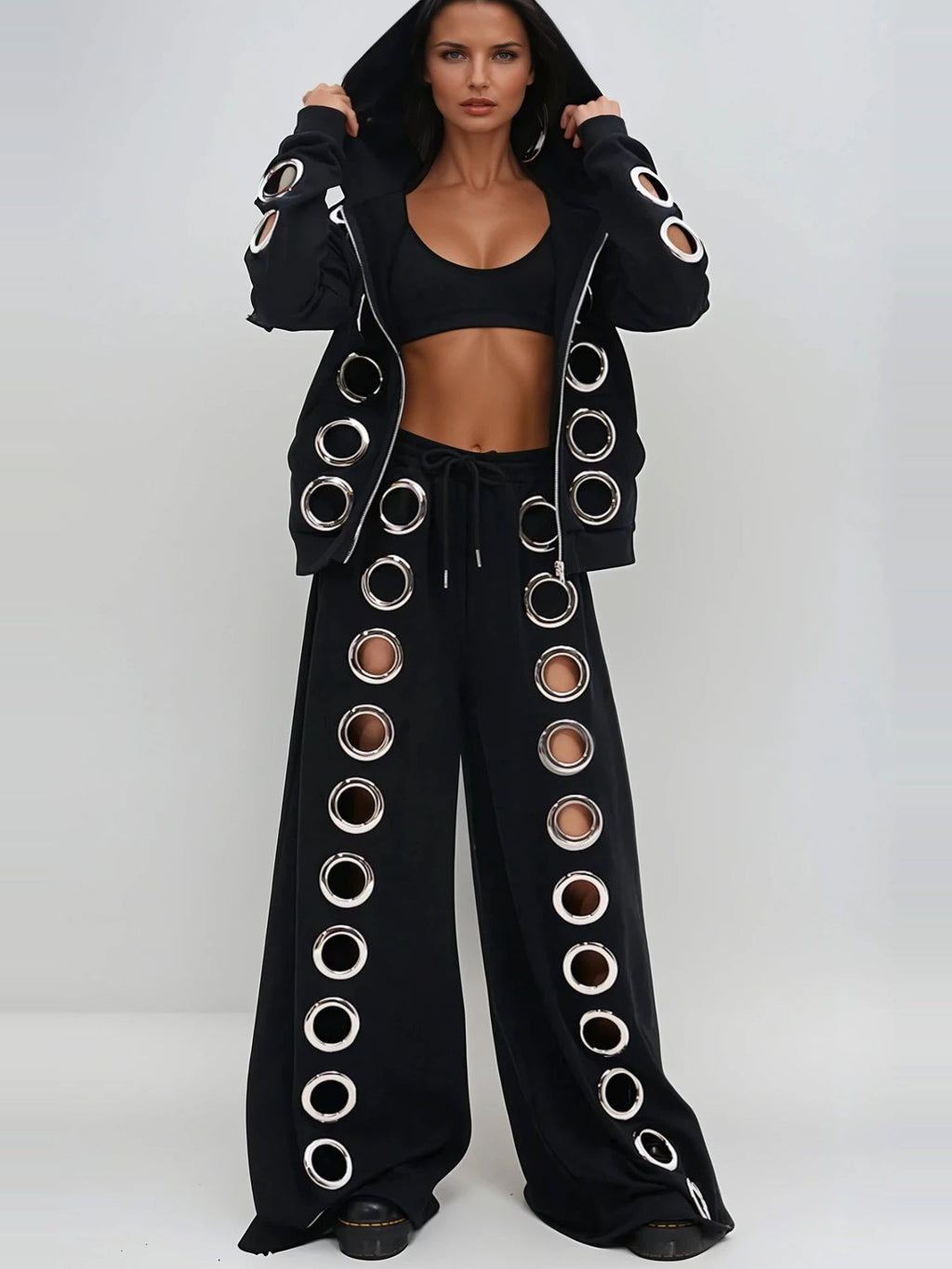 Daniyal Hooded Eyelet-Detail Pants Set - Black — Svelte Chic