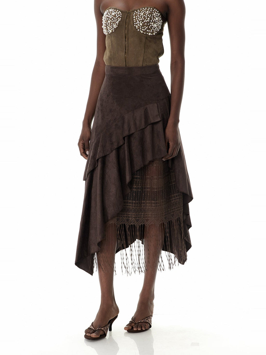 Cruz Tiered Ruffle Asymmetric Suede Maxi Skirt - Brown — Svelte Chic