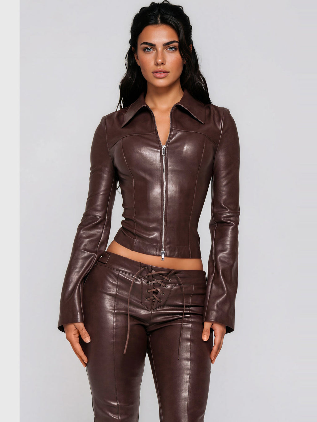 Kemi Corset Lace-Up Leather-Look Jacket and Pants Set - Chocolate — Svelte Chic
