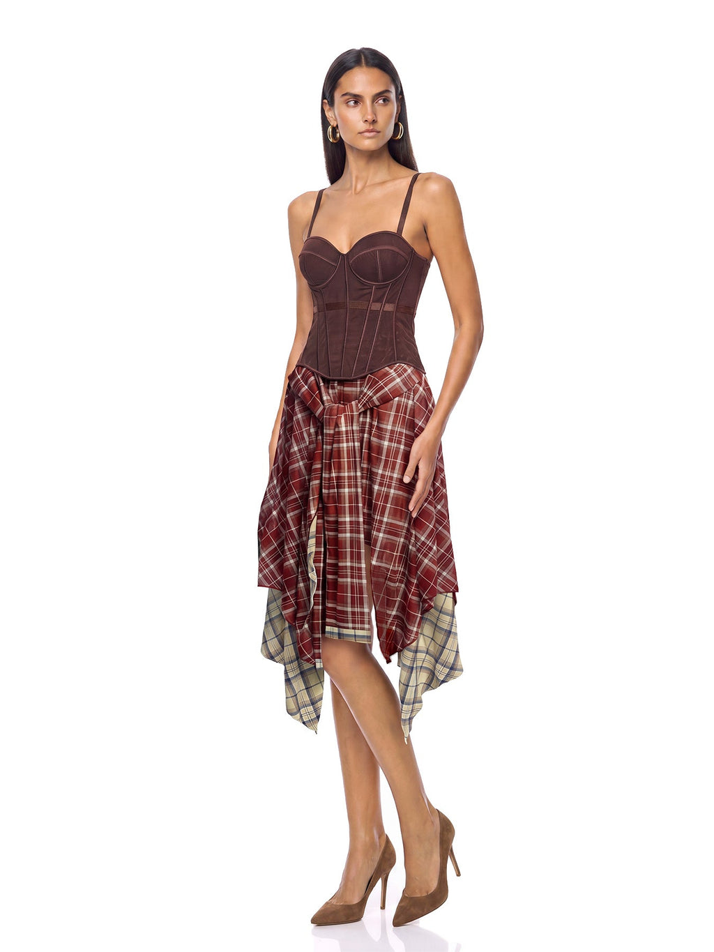 Ivanka Corset Top Checked Skirt Set - Burgundy — Svelte Chic