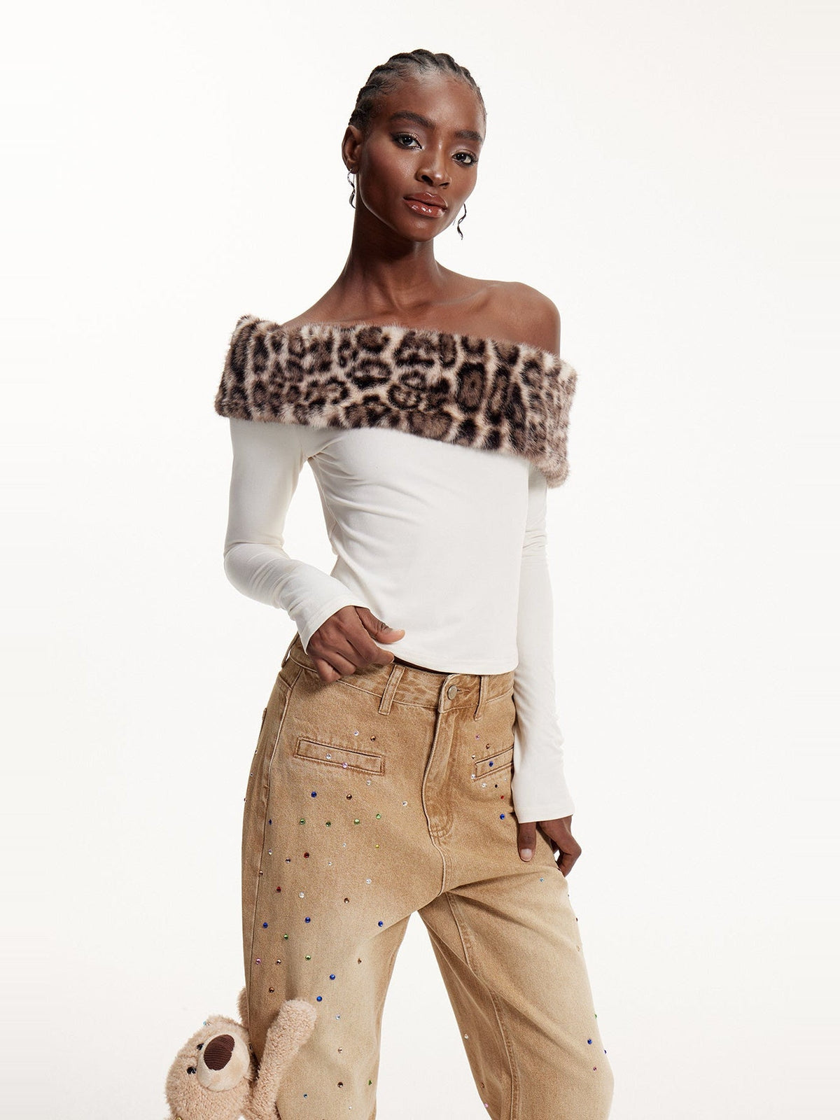 Ellis Leopard Faux Fur Asymmetric Shoulder Top - Ivory — Svelte Chic