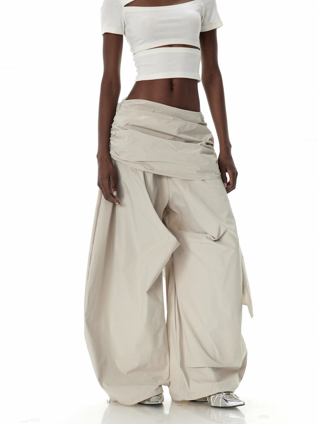 Clarity Ruched Asymmetric Wide-Leg Pants - Beige — Svelte Chic
