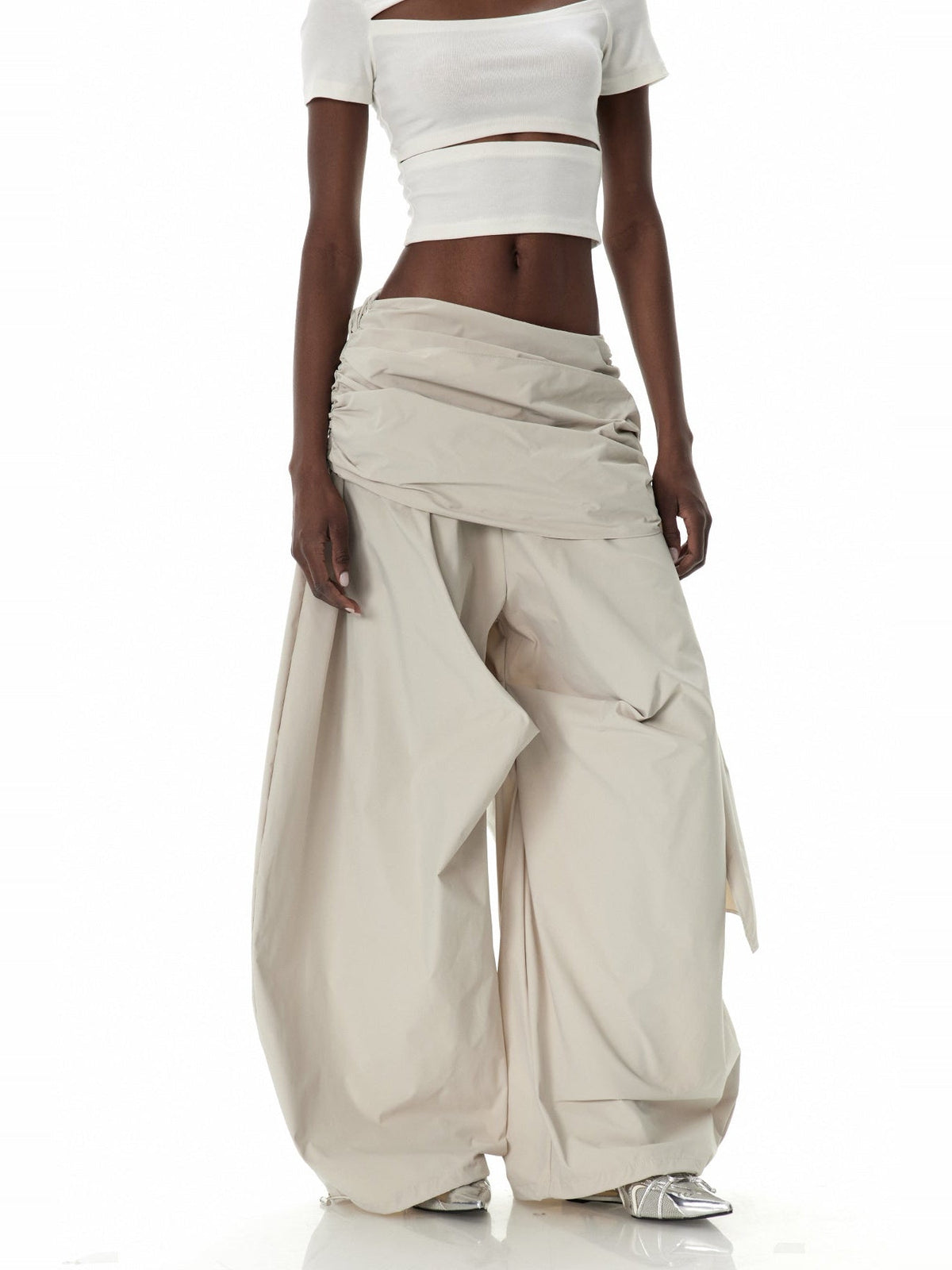 Clarity Ruched Asymmetric Wide-Leg Pants - Beige — Svelte Chic