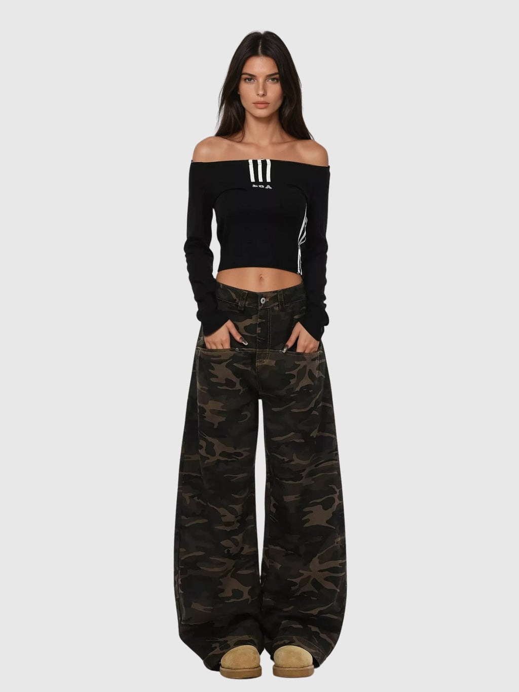Becka Camouflage Print Curved Wide Leg Jeans - Khaki — Svelte Chic