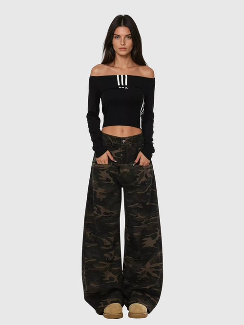 Becka Camouflage Print Curved Wide Leg Jeans - Khaki — Svelte Chic