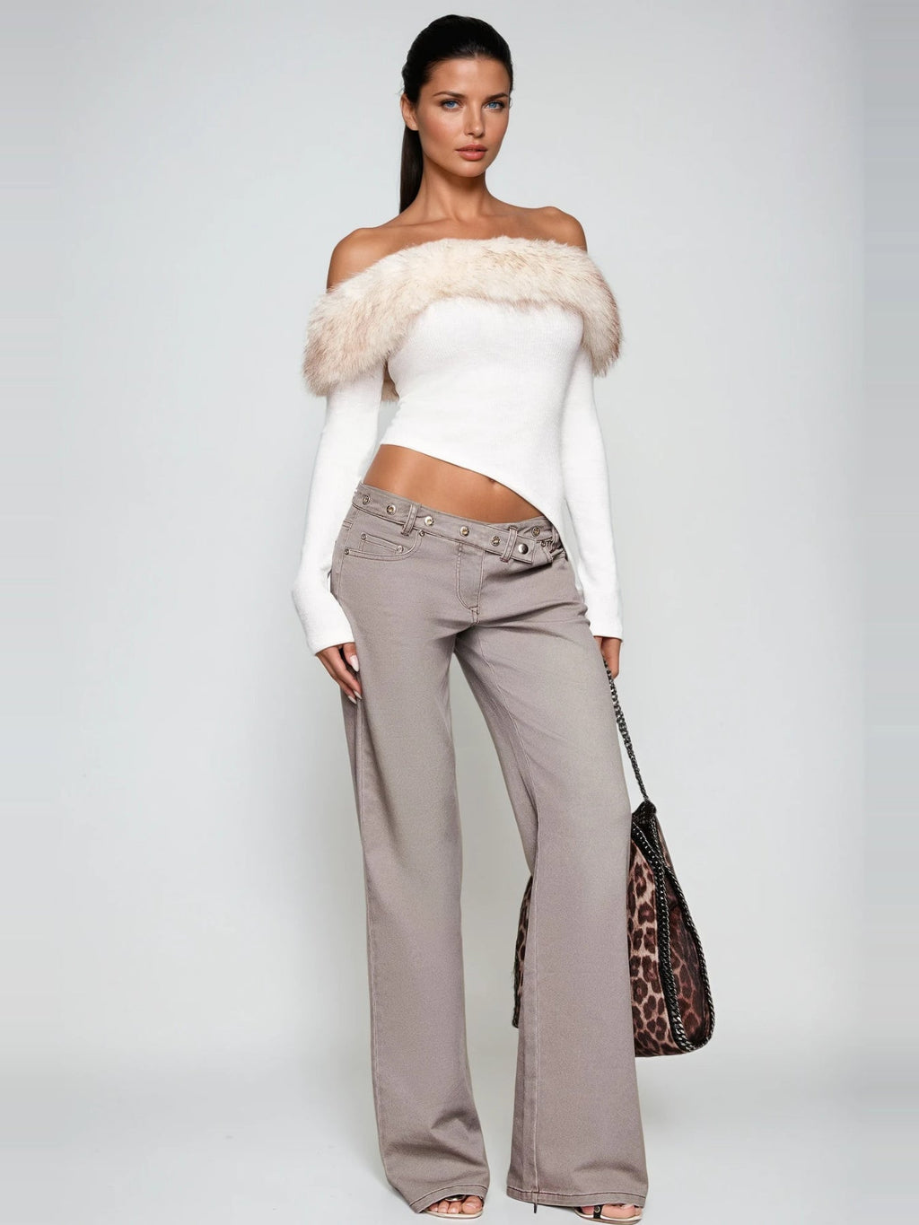Debi Faux Fur Trim Off-Shoulder Ribbed Top - Ivory — Svelte Chic