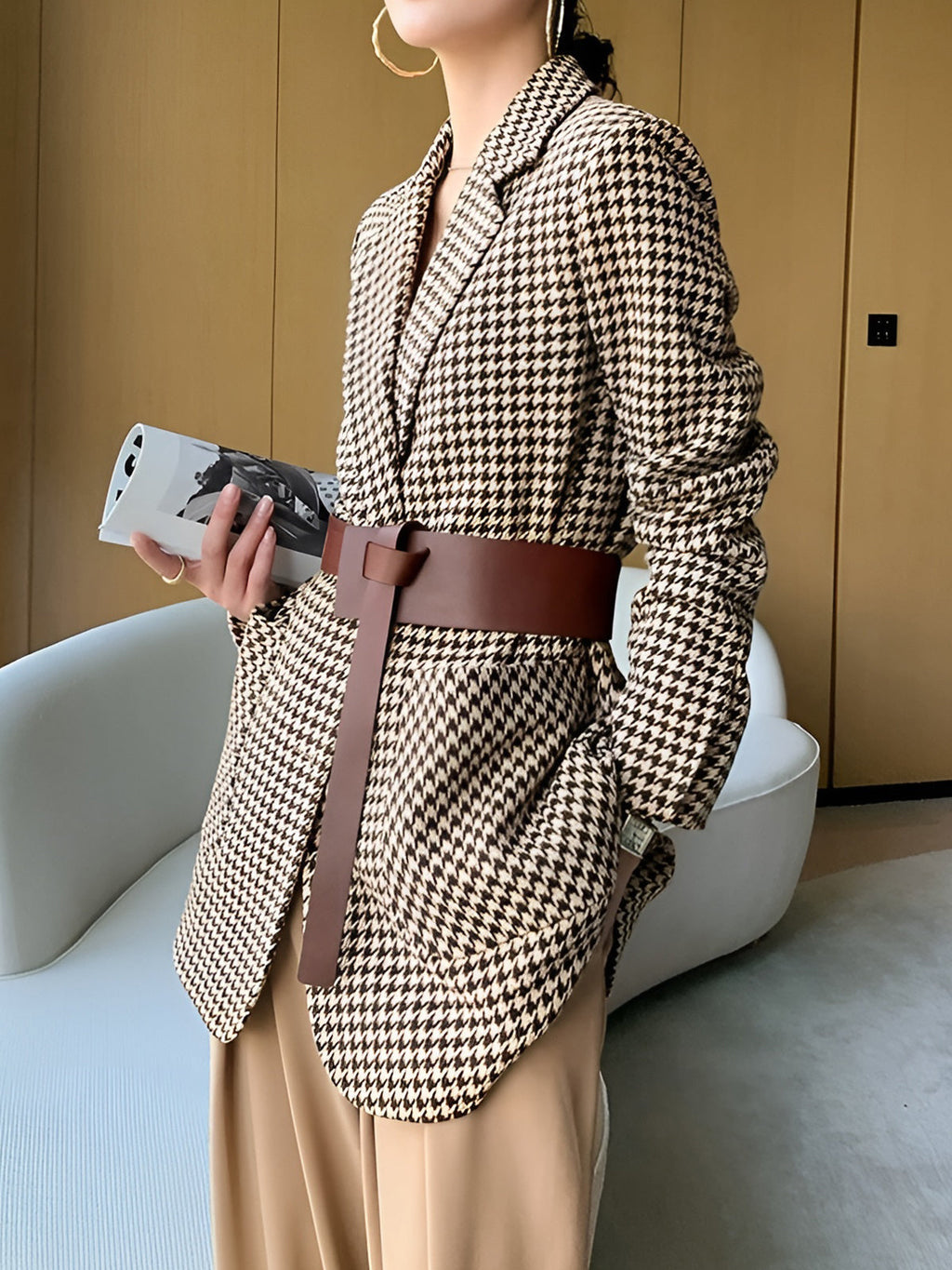 Houndstooth Belted Patch Pocket Blazer - Khaki — Svelte Chic