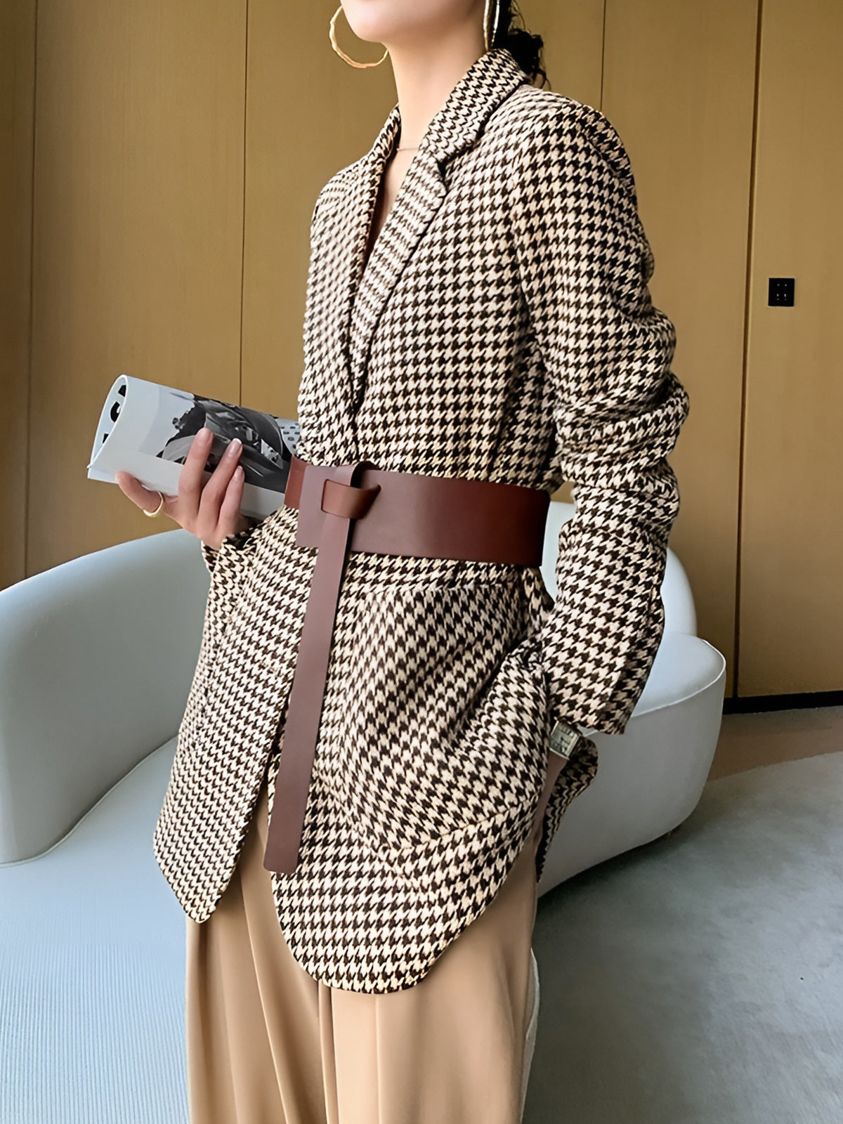Houndstooth Belted Patch Pocket Blazer - Khaki — Svelte Chic