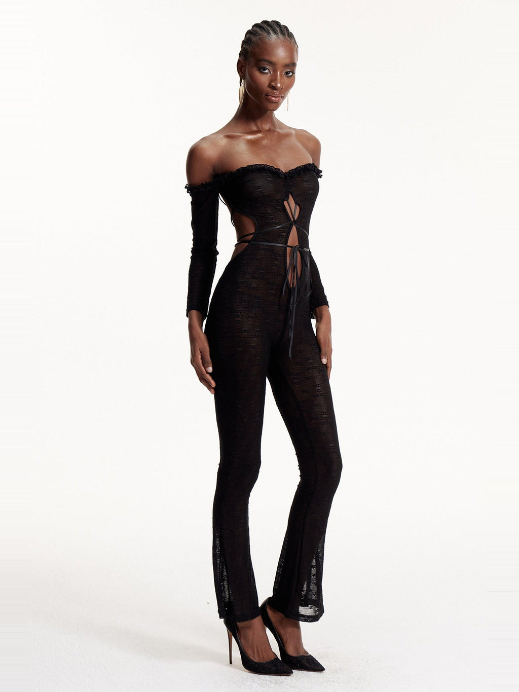 Elsabeth Off-Shoulder Lace Cutout Jumpsuit - Black — Svelte Chic