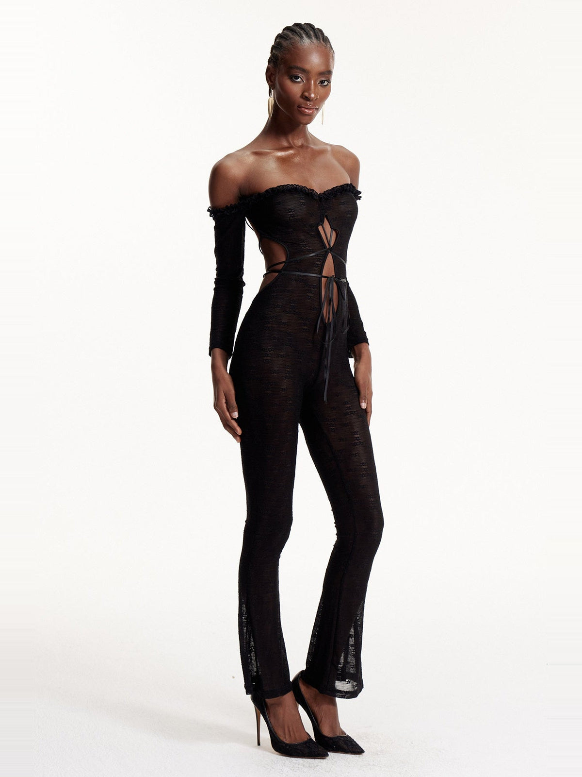 Elsabeth Off-Shoulder Lace Cutout Jumpsuit - Black — Svelte Chic