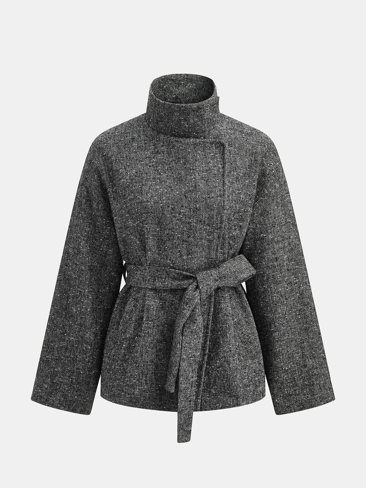 Belted Funnel Collar Speckled Tweed Coat - Grey — Svelte Chic
