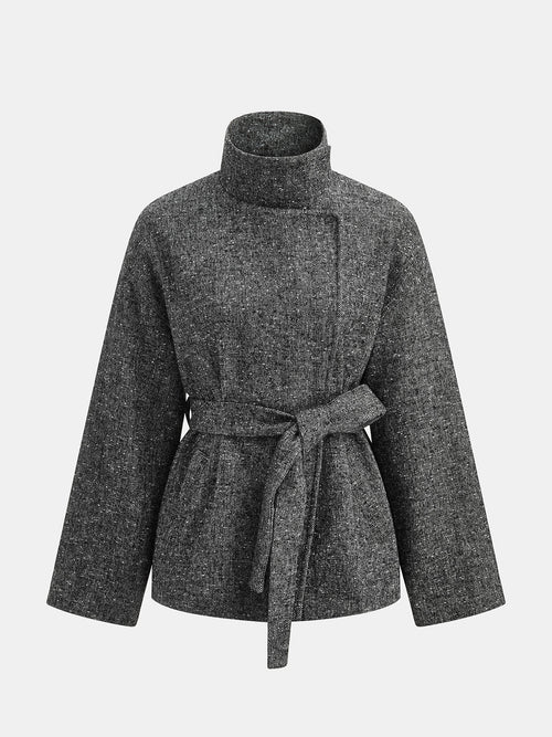 Belted Funnel Collar Speckled Tweed Coat - Grey — Svelte Chic