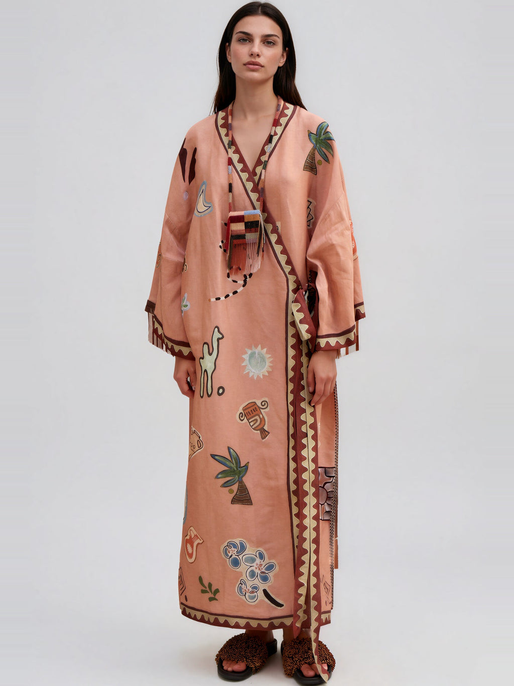 Kedem Long Sleeve Embroidery-Print Oversized Maxi Dress - Salmon — Svelte Chic