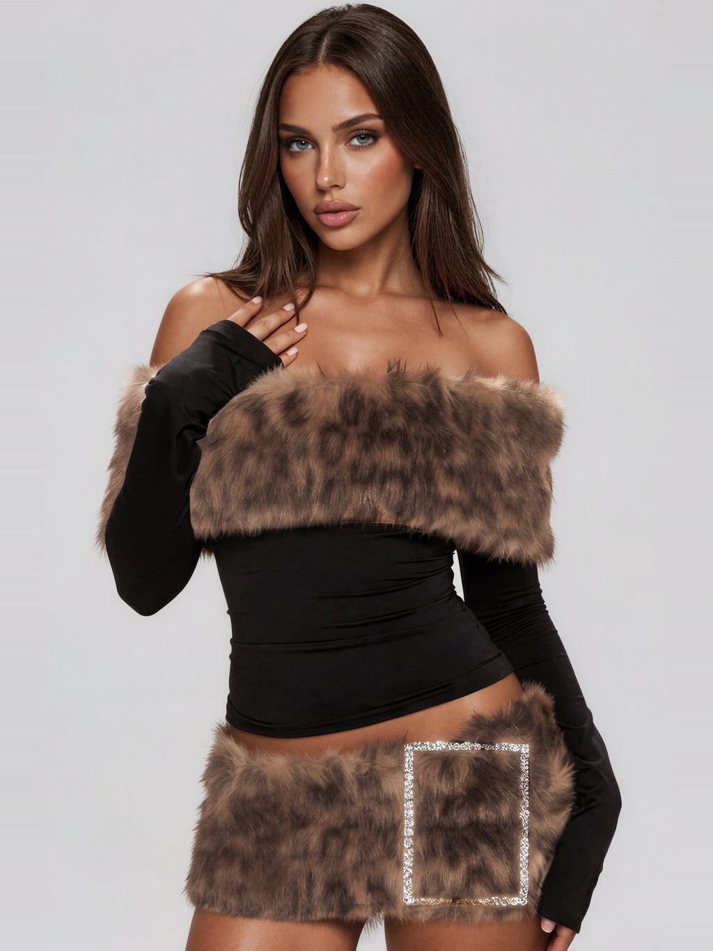 Kirstie Off-Shoulder Faux Fur Skirt Set - Black — Svelte Chic