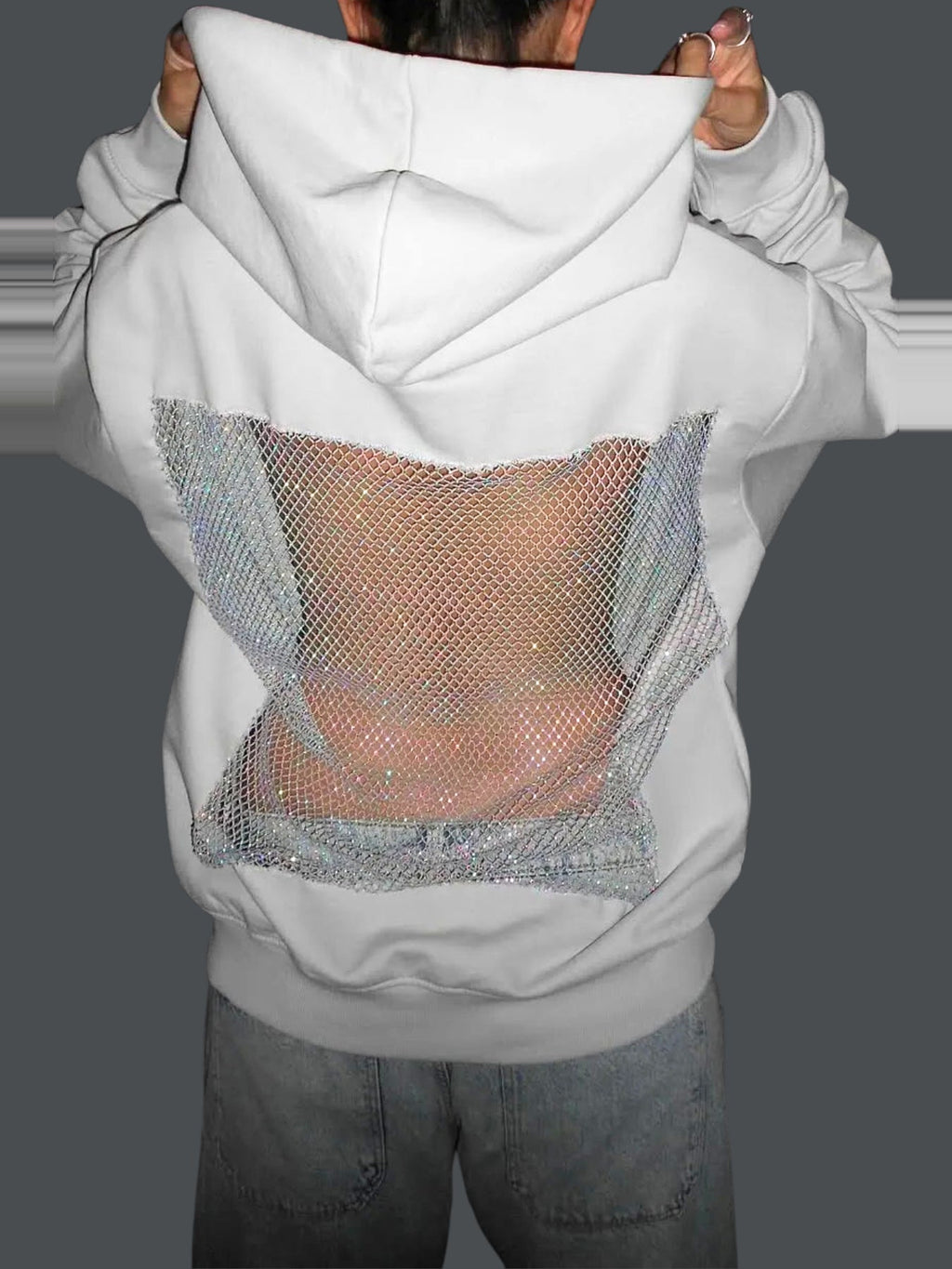 Dazhbog Hooded Rhinestone Mesh Panel Top - White — Svelte Chic