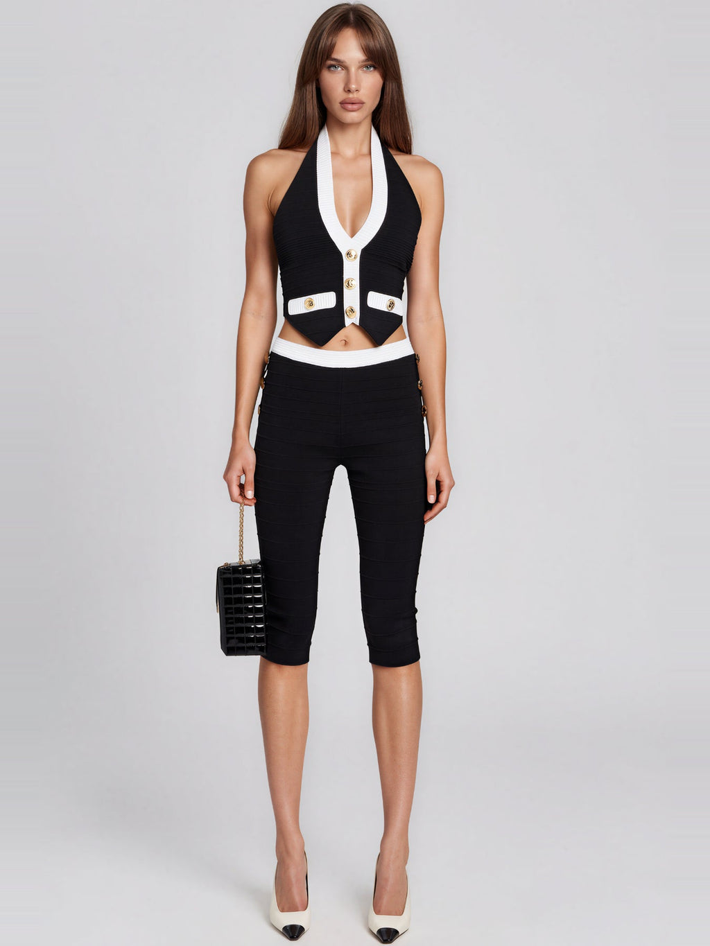 Kehinde Halter Neck Button Capri Pants Set - Black — Svelte Chic