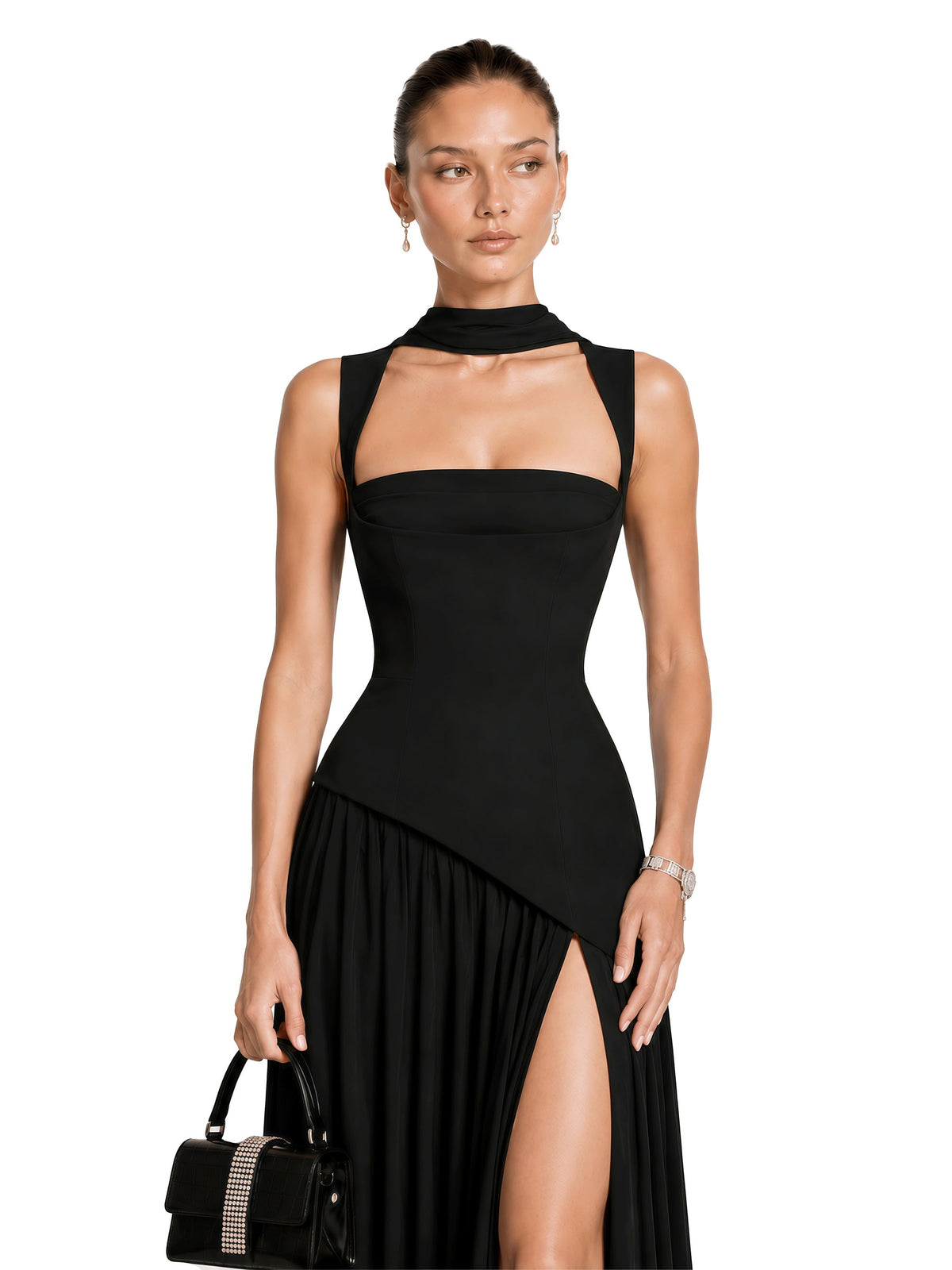 Sidonie Square Neck Strappy Asymmetric Maxi Gown — Svelte Chic