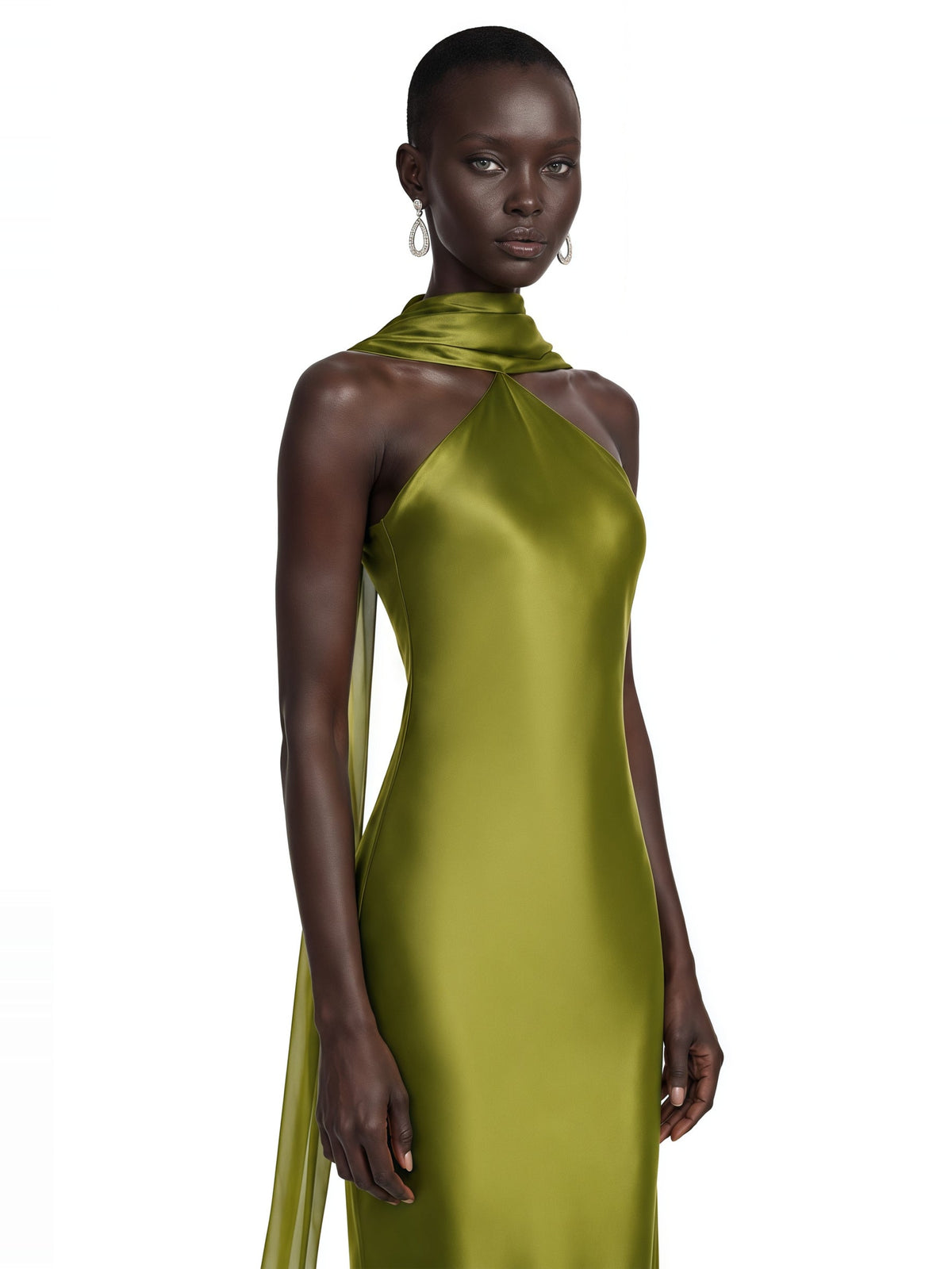 Rowena Scarf-Detail Draped Halterneck Maxi Dress - Olive Green — Svelte Chic